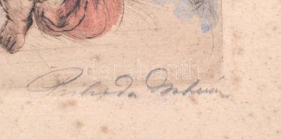 Prihoda István (1891-1956):Puttók. Színezett rézkarc, papír, foltos, jelzett, 13×17,5 cm