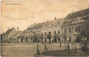 1924 Szakolca, Skalica; Fő tér, Városháza, üzletek. J. Teslík kiadása / main square, town hall, shops