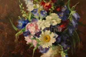 Boldogfai Hajgató Ferenc (?-?): Virágcsendélet. Olaj, karton, jelzett, hibás keretben, 56×44 cm