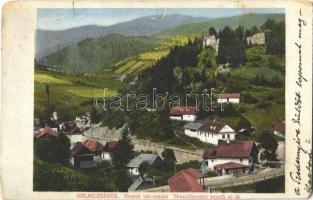 1913 Gölnicbánya, Göllnitz, Gelnica; Thurzó vár romjai, Thurzófüredre vezető új út. Kiadja Feitzinger Ede No. 1109. / Gelnicky hrad / castle ruins, road to Kúpele Turzov (szakadás / tear)