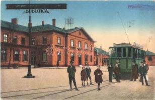 Szabadka, Subotica; vasútállomás, pályaudvar, villamos / railway station, tram + "1940 Szabadka visszatért" + "1940 Újvidék visszatért" So. Stpl