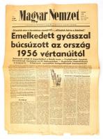 1989 Magyar Nemzet 1989. június 17. száma, Emelkedett gyásszal búcsúzott az ország 1956 vértanúitól. főcímmel, Nagy Imre és társai újratemetésének hírével, kis szakadásokkal.