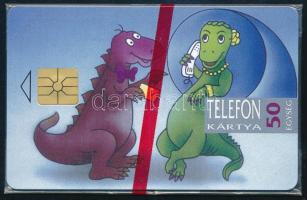 1993 Dinós magyar telefonkártya, eredeti bontatlan csomagolásában, 10 000 db-os