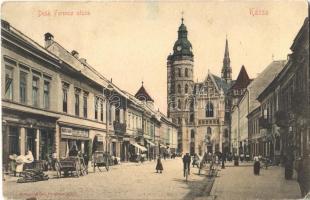 1928 Kassa, Kosice; Deák Ferenc utca, Farkas Károly, Mangl Manó, Mayer üzlete, dóm / street view, shops, cathedral (fl)
