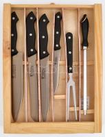 Komplett kés és konyhai eszköz készlet, újszerű állapotban, használt vágólappal, 38×29×6,5 cm