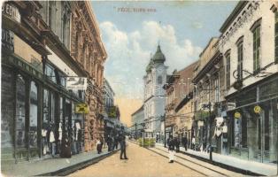 1915 Pécs, Király utca, Spiegel József, Hoffmann Károly üzlete, villamos. Günsberger Lajos kiadása (EK)