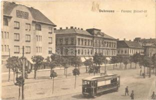 1918 Debrecen, Ferenc József út, Alföldi Takarékpénztár, villamos. Aczél Henrik kiadása (EB)