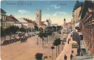 1918 Debrecen, Piac utca, Mentze Henrik, Fisch Testvérek üzlete, Kossuth patika, gyógyszertár, Központi szálloda, villamos (EK)