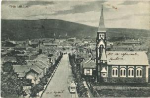 1914 Pécs, látkép, Református templom, villamos. Karpf Berta kiadása (EB)