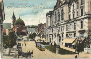 1916 Pécs, Széchenyi tér, drogéria, gyógyszertár, Lang H. Fia, Vígan Károly üzlete, villamos, piac (EK)