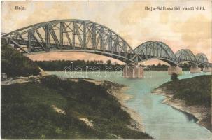 1918 Baja, Baja-Bátaszék vasúti híd. Wurmfeld Gyula kiadása + ÚJDOMBÓVÁR - BAJA - SZABADKA 143 vasúti mozgóposta bélyegző (fl)