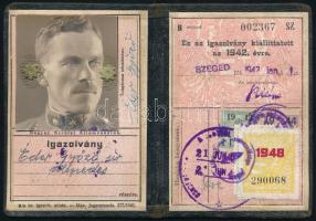 1942 Magyar Királyi Államvasutak (MÁV) félárú jegy váltására jogosító fényképes igazolvány kopott egészbőr-kötésben, Éder Győző/Viktor (1890-1980) m. kir. ny. huszáralezredes részére.