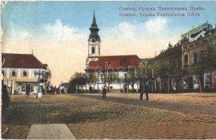 Zombor, Sombor; Szerb görögkeleti templom, üzlet, bank / Srpska pravoslavna Crkva / Serbian Orthodox Church, bank, shops + "1940 Zombor visszatért" So. Stpl