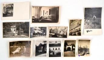 1934-1942 Acsa, életképek, Prónay-kastély (7 db), Evangélikus-templom, összesen 12 db fotó és fotólap, 8x6 cm és 13x8 cm közötti méretben