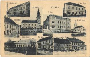 Miava, Myjava; Okresny sud, Ev. kostol, R. kat. skola, R. kat. kostol, Ev. fara, Obecny dom, Státna skola, Zid. skola, Stará a nová ev. skola / Járásbíróság, Evangélikus templom és lelkészlak, Városháza, Állami iskola, Régi és új evangélikus iskola, zsidó iskola. D. Pazicky kiadása / district court, Lutheran church and parsonage, town hall, state school, old and new Lutheran school, Jewish school