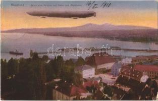 1910 Konstanz, Blick vom Münster auf Hafen und Alpenkette, Luftschiff / airship (EB)
