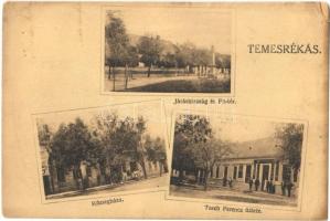 1916 Temesrékas, Rékás, Recas; Járásbíróság, Fő tér, Községháza, Tasch Ferenc üzlete / district court, main square, town hall, shop of Tasch (kopott sarok / worn corner)