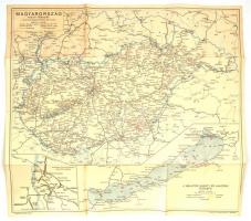 cca 1940 Magyarország vasúti térképe, a hivatalos menetrendkönyv melléklete, Balatoni vasúti és hajózási térképpel, 1:1,200.000, tervezte Tallián Ferenc, a hátoldalán a MÁVAUT autobusz-vonalak átnézeti térképével, 1:1,200.000, kiadja: Bp., Magyar Földrajzi Intézet Rt., jó állapotban, 51x56 cm