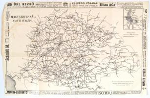 cca 1910 Magyarország vasuti térképe, Bp. Posner és Fia, a lapszélen korabeli reklámokkal, hajtásnyomokkal, kissé foltos, 30x46 cm.