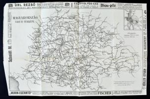 cca 1910 Magyarország vasuti térképe, Bp. Posner és Fia, a lapszélen korabeli reklámokkal, hajtásnyomokkal, 30x46 cm.