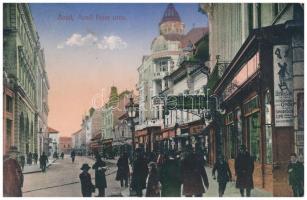 1915 Arad, Atzél Péter utca, Fehér Kereszt szálloda, üzletek. Kerpel Izsó kiadása / street view, hotel, shops (ázott / wet damage)