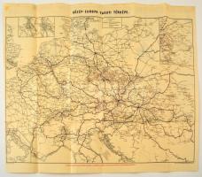 cca 1910 Közép-Európa vasuti térképe, Bp. Posner Károly Lajos és fia, a hátoldalán reklámokkal, hajtásnyomokkal, 47x58 cm./ cca 1910 Railroad map of Central Europe, with adds on the back, 47x58 cm.