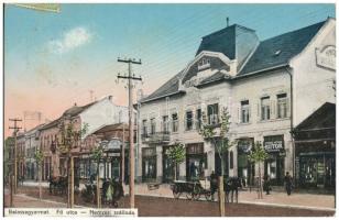 1913 Balassagyarmat, Fő utca, Nemzeti szálloda, Stössel Arthur bútor áruháza, Silberstein üzlete, lovaskocsik