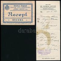 1932 Alcsút, Gorka Árpád főhercegi udvari gyógyszertára József Nádor-hoz gyógyszertári boríték, benne recepttel (Felcsút, Dr. Csókás István.)