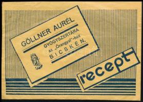1935 Bicske, Göllner Aurél Gyógyszertára az Őrangyal-hoz gyógyszertári recept boríték, benne recepttel (Felcsút, Dr. Csókás István.)