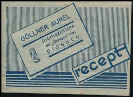 1931 Bicske, Göllner Aurél Gyógyszertára az Őrangyal-hoz gyógyszertári recept boríték, benne recepttel (Felcsút, Dr. Csókás István.)