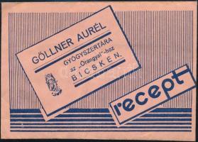 1935 Bicske, Göllner Aurél Gyógyszertára az Őrangyal-hoz gyógyszertári recept boríték, benne recepttel (Felcsút, Dr. Csókás István.)