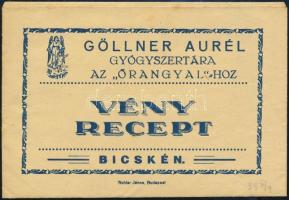 1934 Bicske, Göllner Aurél Gyógyszertára az Őrangyal-hoz gyógyszertári recept boríték, benne recepttel (Felcsút, Dr. Csókás István), valamint benne még Coramin prospektussal.