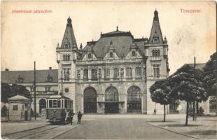 Temesvár, Timisoara; Józsefvárosi pályaudvar, vasútállomás, villamos. Tóth Béla kiadása / Iosefin railway station, tram (ragasztónyom / glue marks)