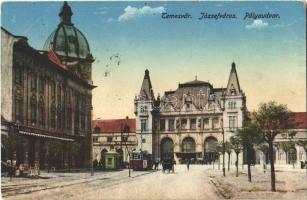 1916 Temesvár, Timisoara; Józsefvárosi pályaudvar, vasútállomás, villamos / Iosefin railway station, tram (EB)