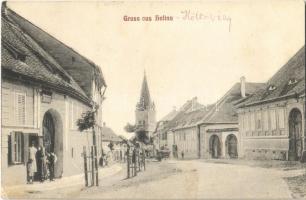 1914 Nagydisznód, Heltau, Cisnadie; Evangélikus erődtemplom, utca, üzlet / Lutheran fortified church, street view, shop (fl)