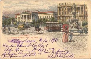 1896 Budapest VIII. Ezredéves Országos Kiállítás, Nemzeti Múzeum és Kálvin tér, villamos. barna 2 Kr. Ga. s: Dörre T., Morelli (EK)