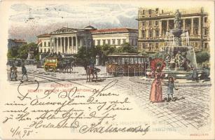 1898 Budapest VIII. Ezredéves Országos Kiállítás, Nemzeti Múzeum és Kálvin tér, villamos. barna 2 Kr. Ga. s: Dörre T., Morelli (EK)