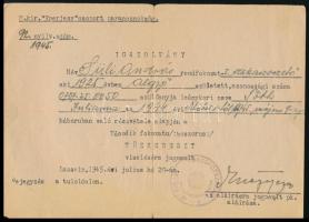 1945 Lassein, M. kir. Eperjesy csoport parancsnokság által kiállított igazolvány
