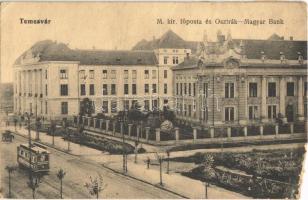 1917 Temesvár, Timisoara; M. kir. Főposta és Osztrák-Magyar Bank, villamos / post office, bank, tram (b)