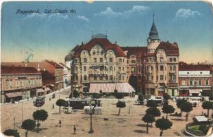 Nagyvárad, Oradea; Szent László tér, villamos, Fekete Sas szálloda, piac / square, tram, hotel, market (kopott sarkak / worn corners)