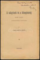 cca 1893 [Cholnoky Jenő] Csolnoky Jenő: A talajvizek és a közegészség. Krebs Vilmos értekezéseinek ismertetése. Bp.,[1893.], nyn.,19 p.+1 t. Kiadói papírkötés. A szerző, Cholnoky Jenő (1870-1950) által dedikált. Pali bátyámnak - tiszteletem jeléül Jenő.