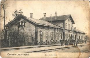 Valkány, Valcani; Vasútállomás, vasutasok / Bahnhof / railway station, railwaymen + ORSOVA - BUDAPEST 179. SZ. B vasúti mozgóposta bélyegző (kopott sarkak / worn corners)