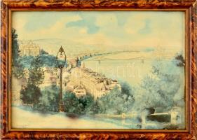 Olvashatatlan jelzéssel: Budapesti panoráma. Akvarell, papír, foltos, üvegezett keretben, 16,5×25 cm