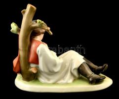 Zsolnay furulyázó juhász, kézzel festett, jelzett, apró kopásnyomokkal, m: 19 cm, h:21 cm