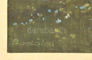 Bodolai jelzéssel: Folyó part. Akvarell, papír, üvegezett keretben, 28×39 cm