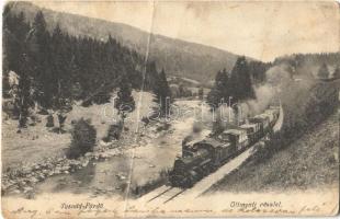 1910 Tusnádfürdő, Baile Tusnad; Oltmenti rész, gőzmozdony, tehervonat. Brunner Lajos kiadása / Olt riverside, freight train, locomotive (fa)