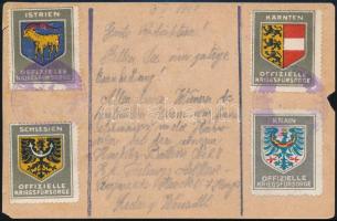 1917 Tábori lap, hátoldalán 4 különféle háborús jótékonysági levélzáró