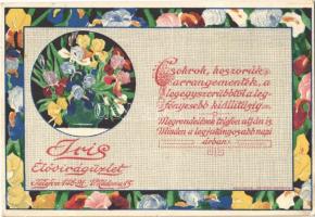 1914 Iris Élővirágüzlet. Budapest, Nádor utca 15. Lengyel Lipót Műintézet kiadása / Hungarian flower shop advertisement (EK)