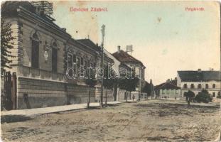 1913 Zilah, Zalau; Polgári tér, M. kir. posta, távirda és távbeszélő hivatal. Szövetség könyvnyomda kiadása / square, post and telegraph office (kopott sarkak / worn corners)