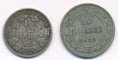 Vegyes: Német Birodalom 1914A 1/2M Ag + Szocialista Szövetségi Szovjet Köztársaság 1923. 20k Ag T:2- Mix: German Empire 1914A 1/2 Mark Ag + Russian Federated Soviet Republic 1923. 20 Kopeks Ag C:VF